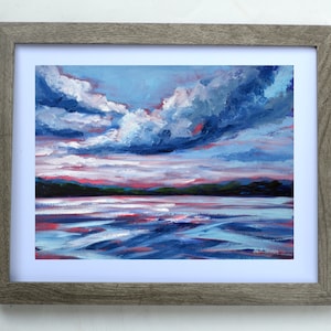 Original Lake Landscape, Painting on Paper, Oil Painting, Landscape Wall Art, Framed Art, Deep Creek Maryland, Colorful Sky, Pine Trees