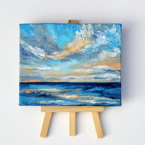 original ocean painting, mini canvas beach art, blue skies, beach house decor, small canvas beach painting, seascape, mini easel, art gift