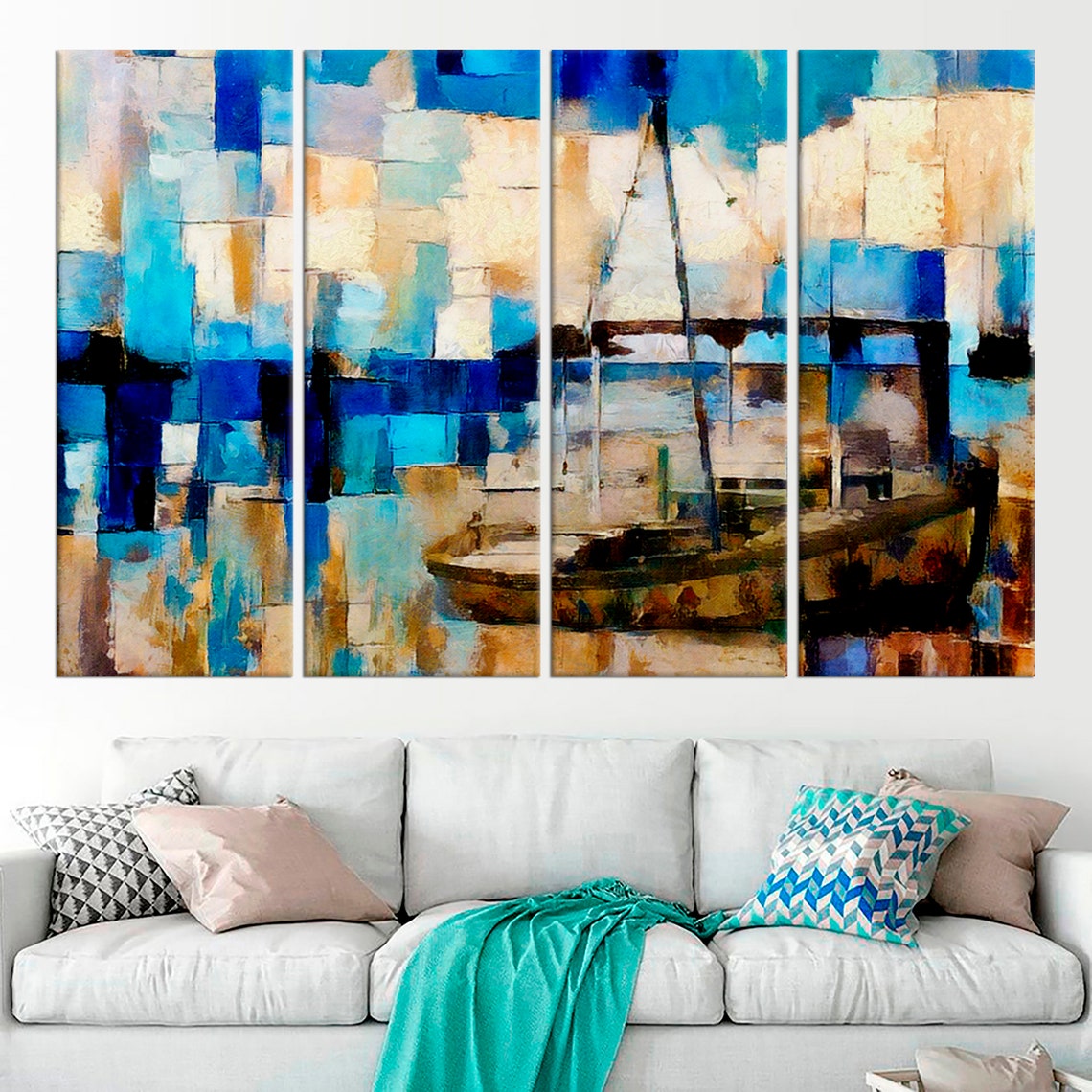 Cubism Wall Art Decor Abstract Canvas Print Boat by the sea Etsy