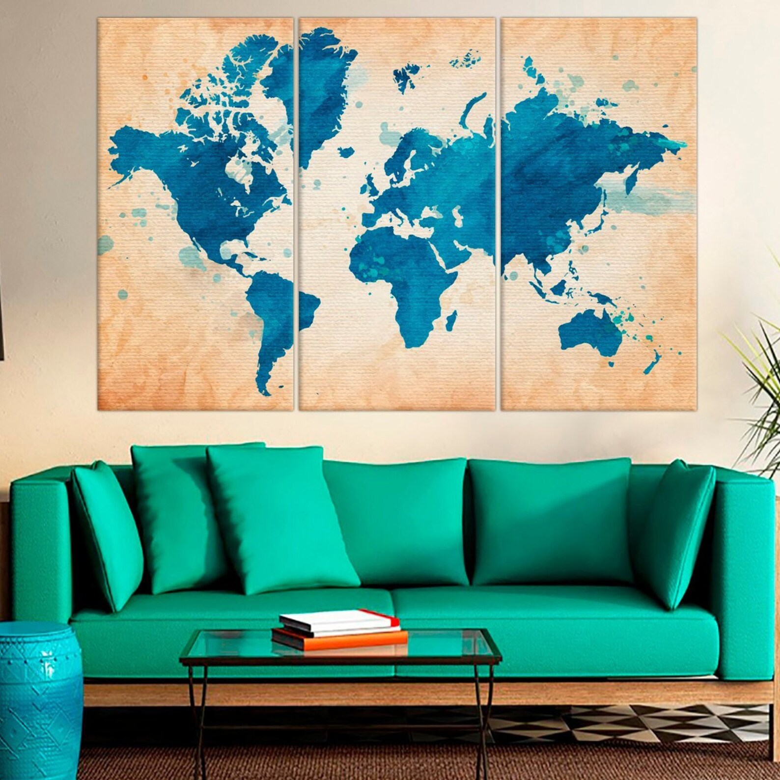 Large World Map canvas print Blue World Map streched wall art | Etsy