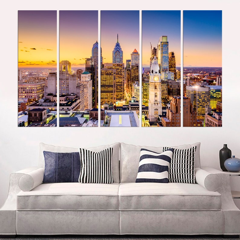 Philadelphia Skyline Canvas Print Wall Art Philly Sunset Decor Downtown Pennsylvania Living Room