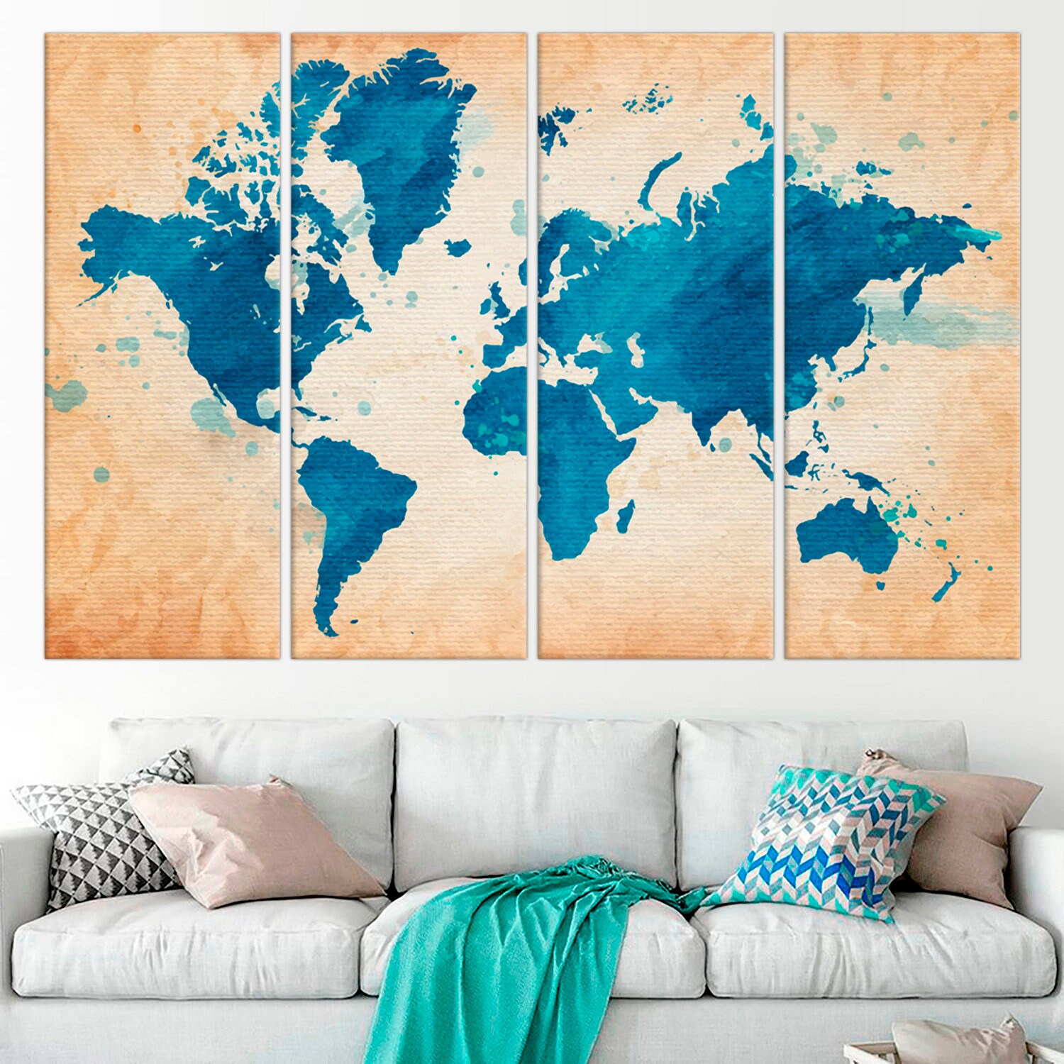 Large World Map canvas print Blue World Map streched wall art | Etsy