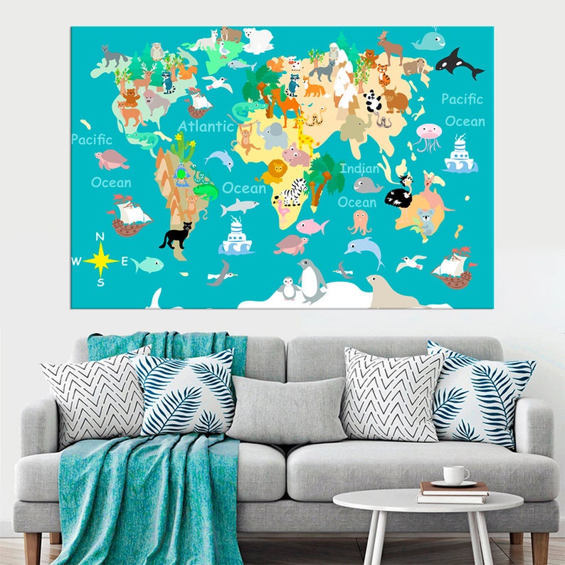 nursery map for kids canvas print animal world map home decor etsy