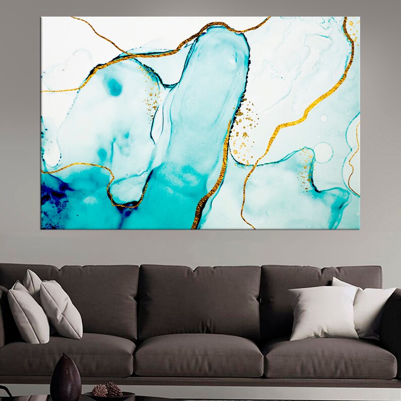 Light Blue Gold Marble Wall Art Set Abstract Contemporary Etsy