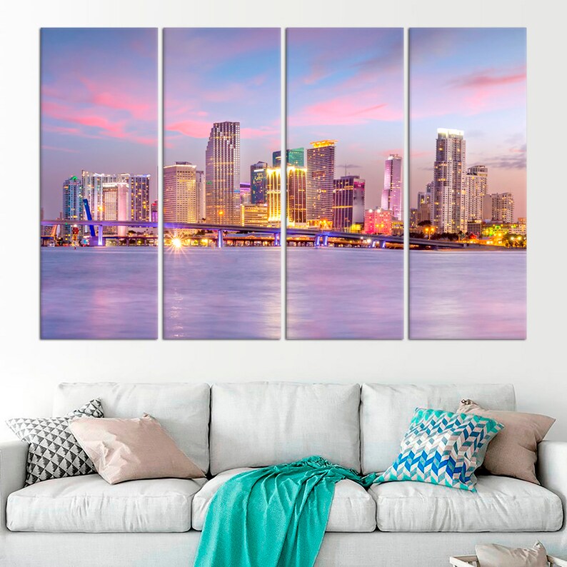 Miami City Skyline Wall Art Decor Miami Large Canvas Art Set Etsy