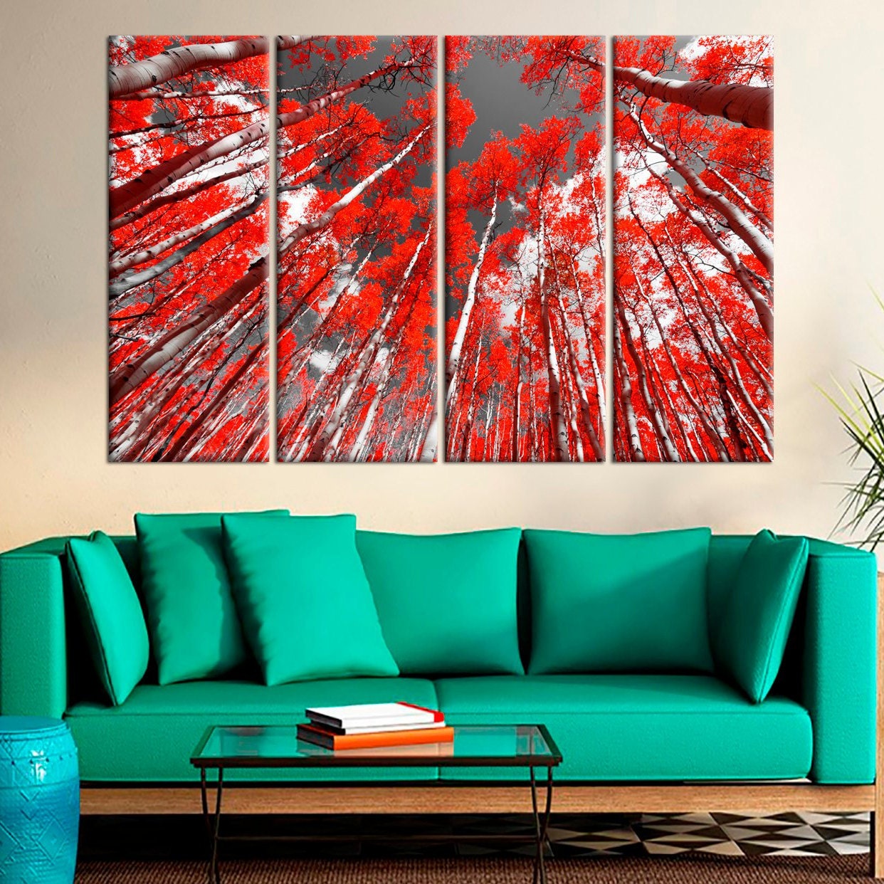 Forest Wall Art Decor Big Red Tree Canvas Art Forest Framed Etsy