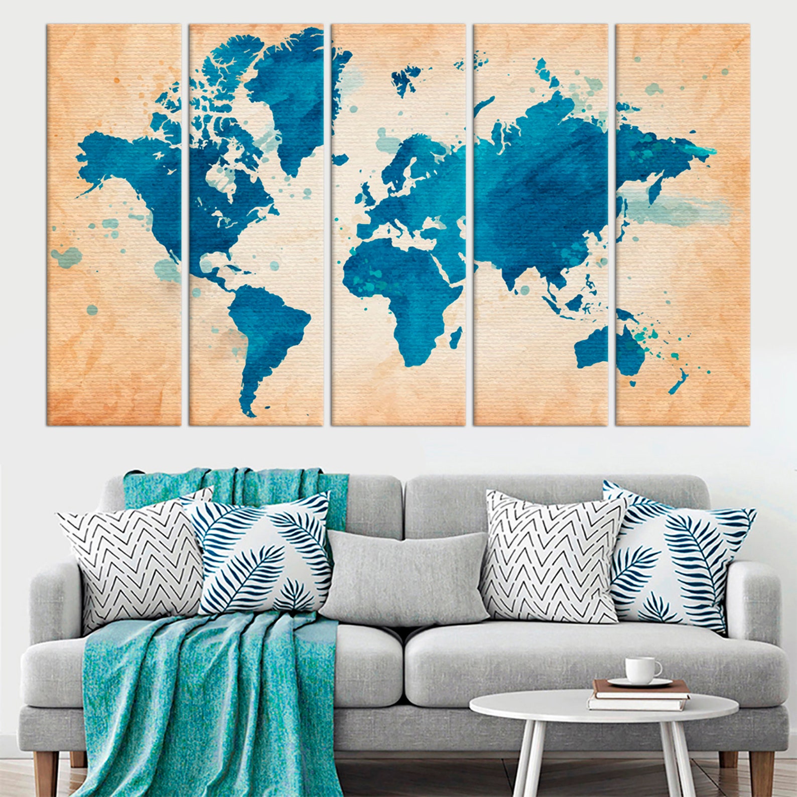 Large World Map canvas print Blue World Map streched wall art Etsy