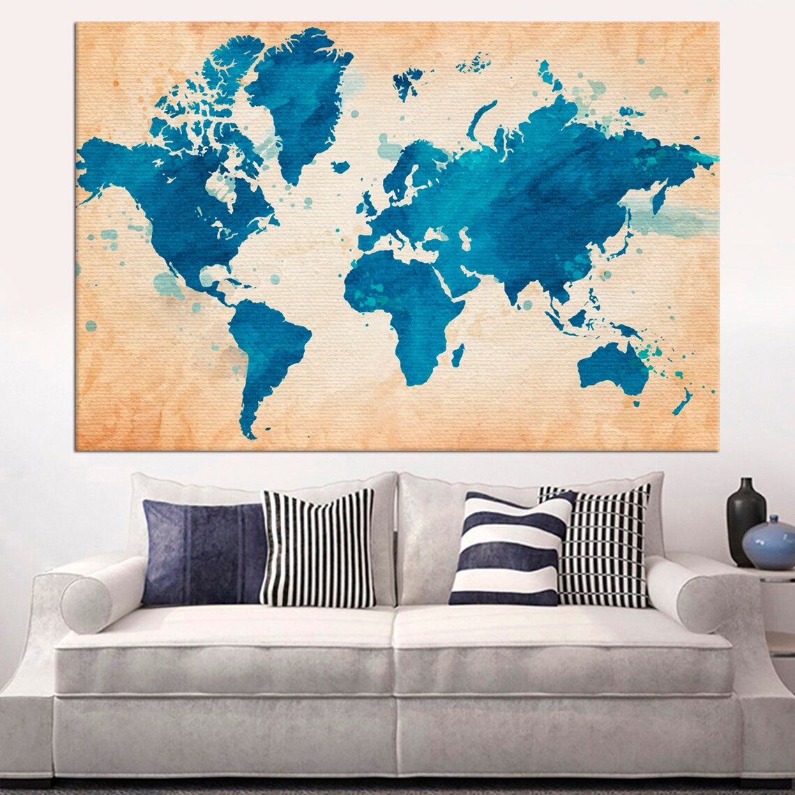 Large World Map canvas print Blue World Map streched wall art Etsy