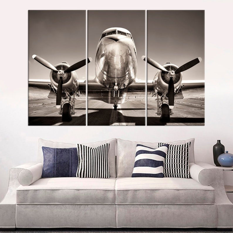 Vintage Airplane Wall Art Decor Propeller Large Canvas Aircraft Poster Print Plane Contemporary Framed