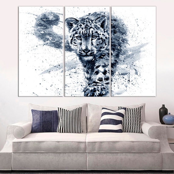 Snow Leopard Large Canvas Print Watercolor Black White Wall Etsy