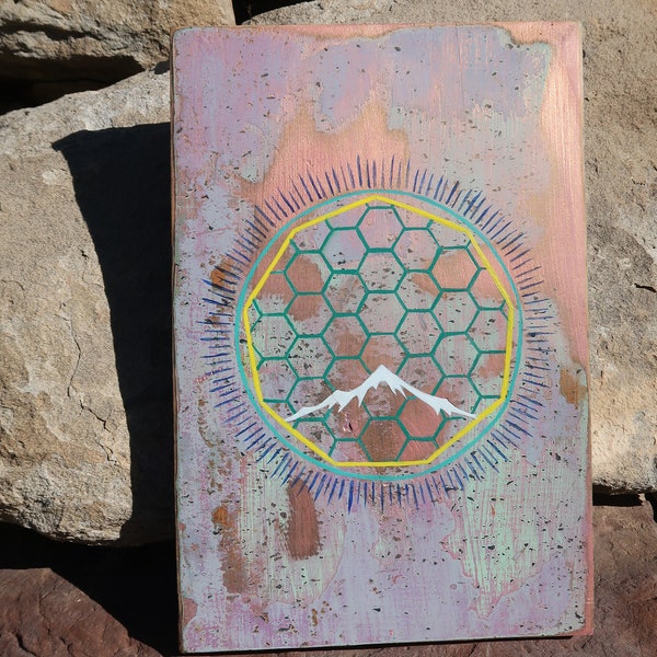Arise Within~ Upcycled Beehive Wood Sign ~ Mountain Logo ~ Acrylic Paint ~ Hexagon Sun