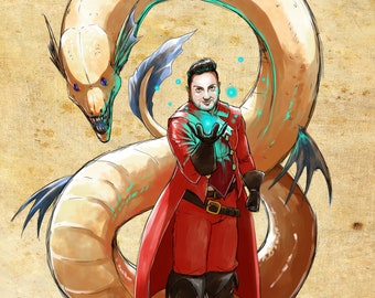 May include: A man in a red coat with a long, beige, serpentine creature wrapped around him. The creature has blue fins and a large, toothy mouth. The man is holding a glowing orb in his hand.