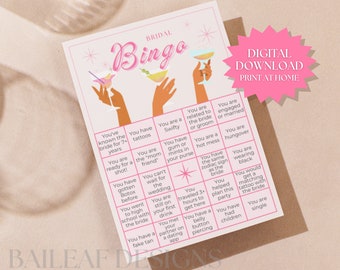 Braut Bingo | Junggesellinnenabschied Bingo | Rosa Martini Braut | Vorgefertigtes Spiel | Sofort Download | Druck zu Hause | Druckbares Bach Spiel