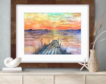 Bay View Art Print: Watercolor Sunset Seascape, 8x10