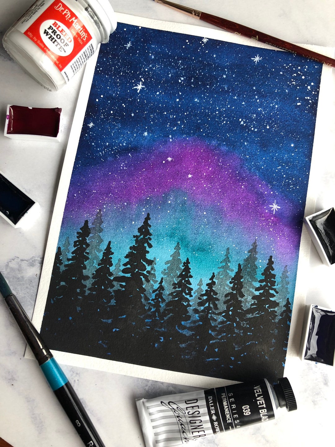 Northern Lights Galaxy Forest Landscape Watercolour Art Print - Etsy