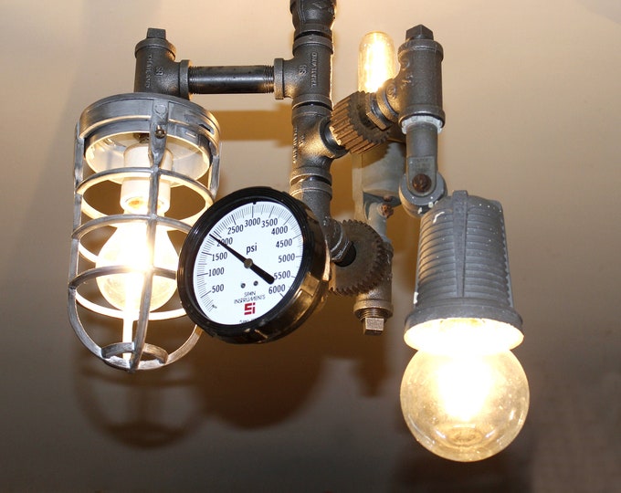 Steampunk Ceiling Light With Gauge Industrial Cage Gears and | Etsy