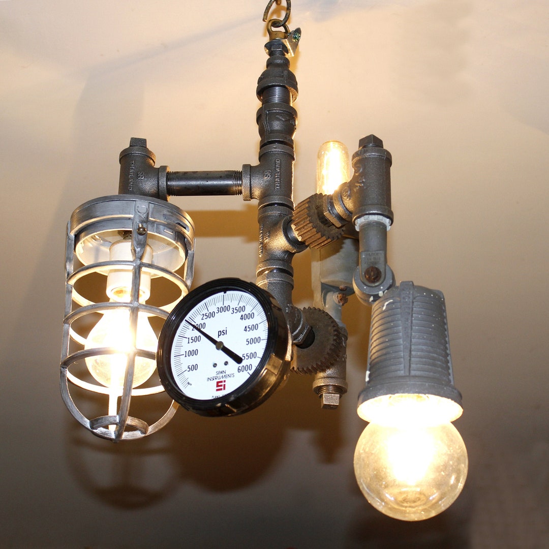 Steampunk Ceiling Light With Gauge Industrial Cage and Pipes Etsy