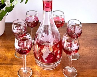 Vintage Cranberry Decanter with 6 Cordial Glass Gold Trim, Grape and Leaves Made in Romania, Boho Barware