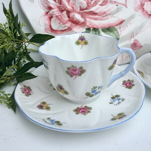 Vintage Shelley Bone China Teacup and Saucer: Forget Me Not, Rosebuds, Pansies