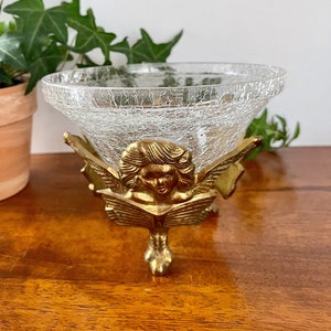 Vintage Brass Angel Stand with Crinkled Glass Bowl - Thee Cherub Stand