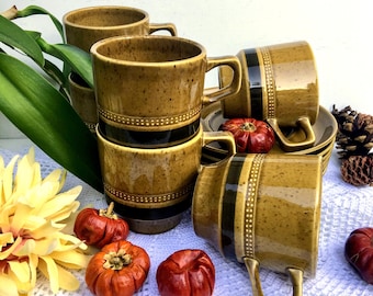 VTG Genuine EKCO Eterna Stoneware CANOE Flat Coffee Cups 1102 Set