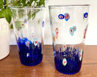 Set of 2 Hand Blown Glass Millefiori Tumblers Cobalt Blue Bottom, Iced Tea Glasses, Cobalt Blue Glass