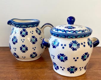 BOLESLAWIEC Poland Pottery Floral Creamer and Sugar Bowl Blue Daisy Hand Made Painted WIZA