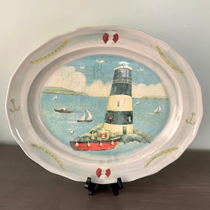Oxney Hand Painted Green Pottery Lighthouse Large Platter Nautical Sailboat, Seagulls, England, Beach House, Lake House Gift, Art Lover Gift