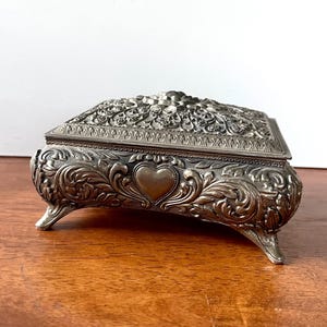 Vintage Jewelry Box Silver Plated with Small Legs, Red Interior