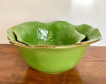 2 WCL Vintage Cabbage Leaf Ceramic Bowls with Brown Trim in Two Different Sizes