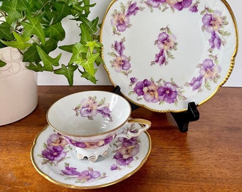 Mitterteich Trio, Teacup Saucer and Side Plate Purple Pansy - Trio Gold Trim - Bavaria Germany