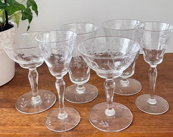 Vintage Etched Stemware Set: Mismatched Cocktail & Cordial Glasses