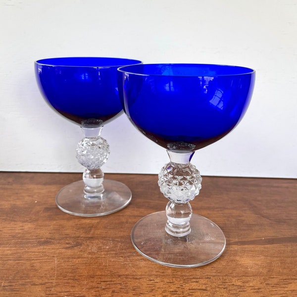 Set of 2 Morgantown Cobalt Ritz Champagne or Cocktail Glasses “Golfball” Stem