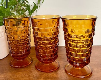 4 Indiana Whitehall Amber Cubist Footed Glasses Goblets