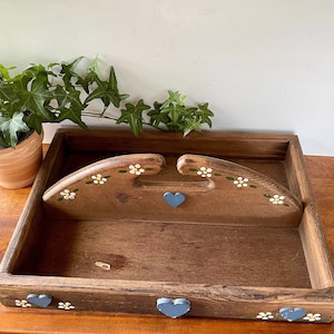 Vintage Floral Wooden Handle Tray with Blue Hearts