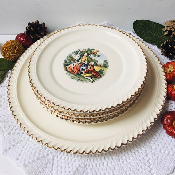1940s Harker Pottery Company 22k Gold “Courting” 6 Piece Set - Vintage Cake Serving Set - Vintage Dessert Plates with Serving Platter