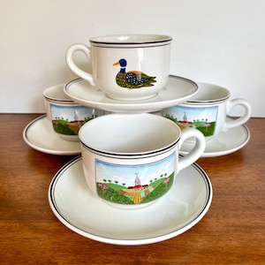 Set of 4 Villeroy and Boch Design Naïf Coffee/Tea  Cups with Matching Saucer Farm Scene and Duck