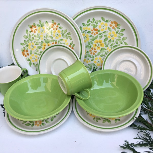 JC Penney Ironstone Green Floral Set of Plates, Bowls and Cups