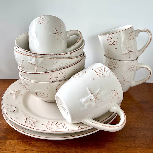 Thomson Pottery Hampton Pattern, Coastal  Hampton Seashell and Starfish Embossed Rustic Creamy White Dinnerware SOLD SEPARATELY