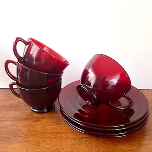 Set of 4 Ruby Red  Tea Cups with Saucers