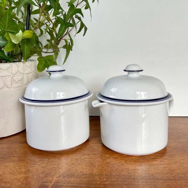 Vintage Dansk International Design Bistro Christianshavn White with Blue Trim Sugar Bowl and Creamer Set, Made in Portugal