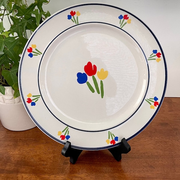 Set of 4  Newcore Stoneware Dinner Plates 681 Paradise Pattern with Blue, Red and Yellow Tulips, Oven Microwave Freezer and Dishwasher Safe