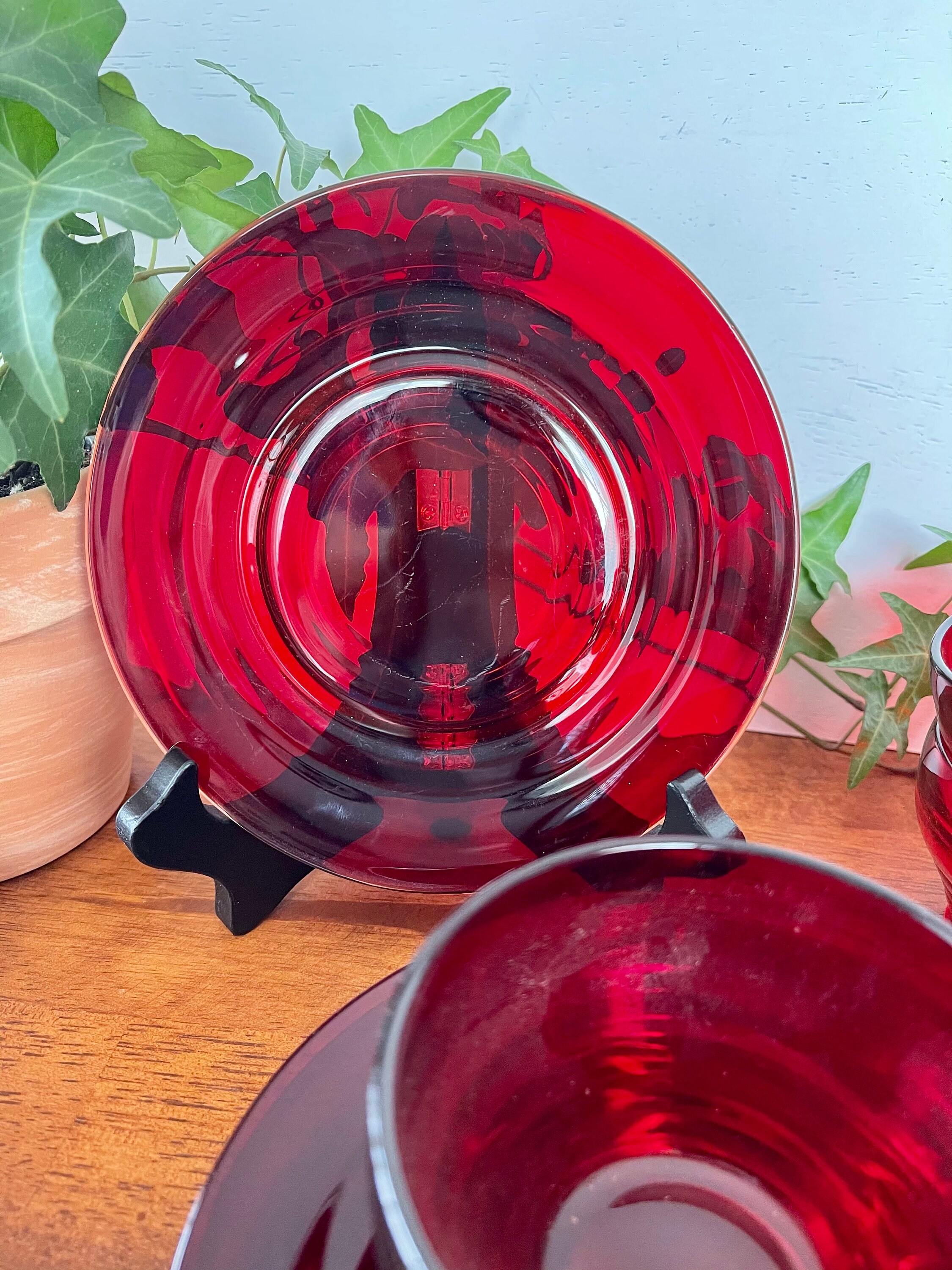 Vintage Ruby Red Glass Tea Cups with Saucers Set of Four Etsy
