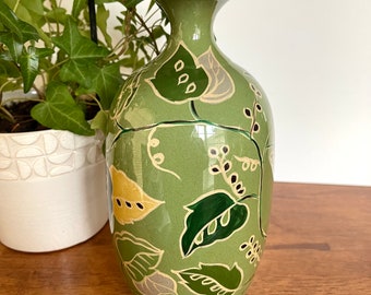 Jill Rosenwald Toyo Vase: Green Ceramic With Leaf Design (9.5
