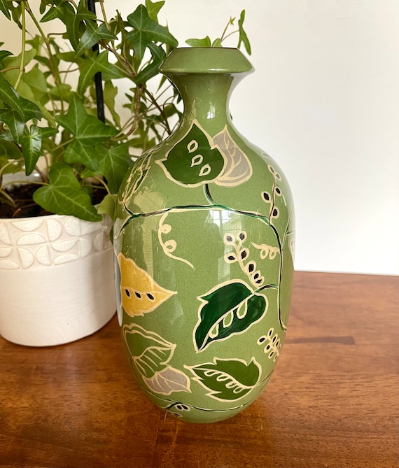 Jill Rosenwald Toyo Vase: Green Ceramic With Leaf Design (9.5