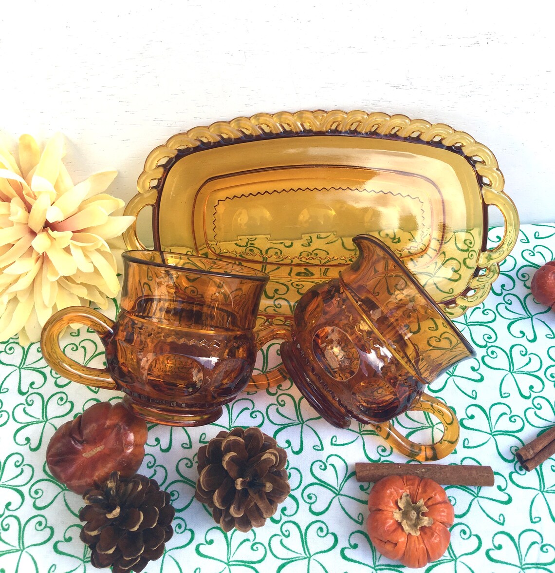 1960s Indiana Amber Glass Sugar Bowl Creamer and Tray Kings Etsy