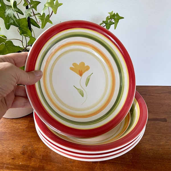 Set of 4 Gibson Everyday China Soup, Salad or Cereal Bowls, Colorful  Red, Green, Yellow, Tan and Orange Bands with Yellow Flower