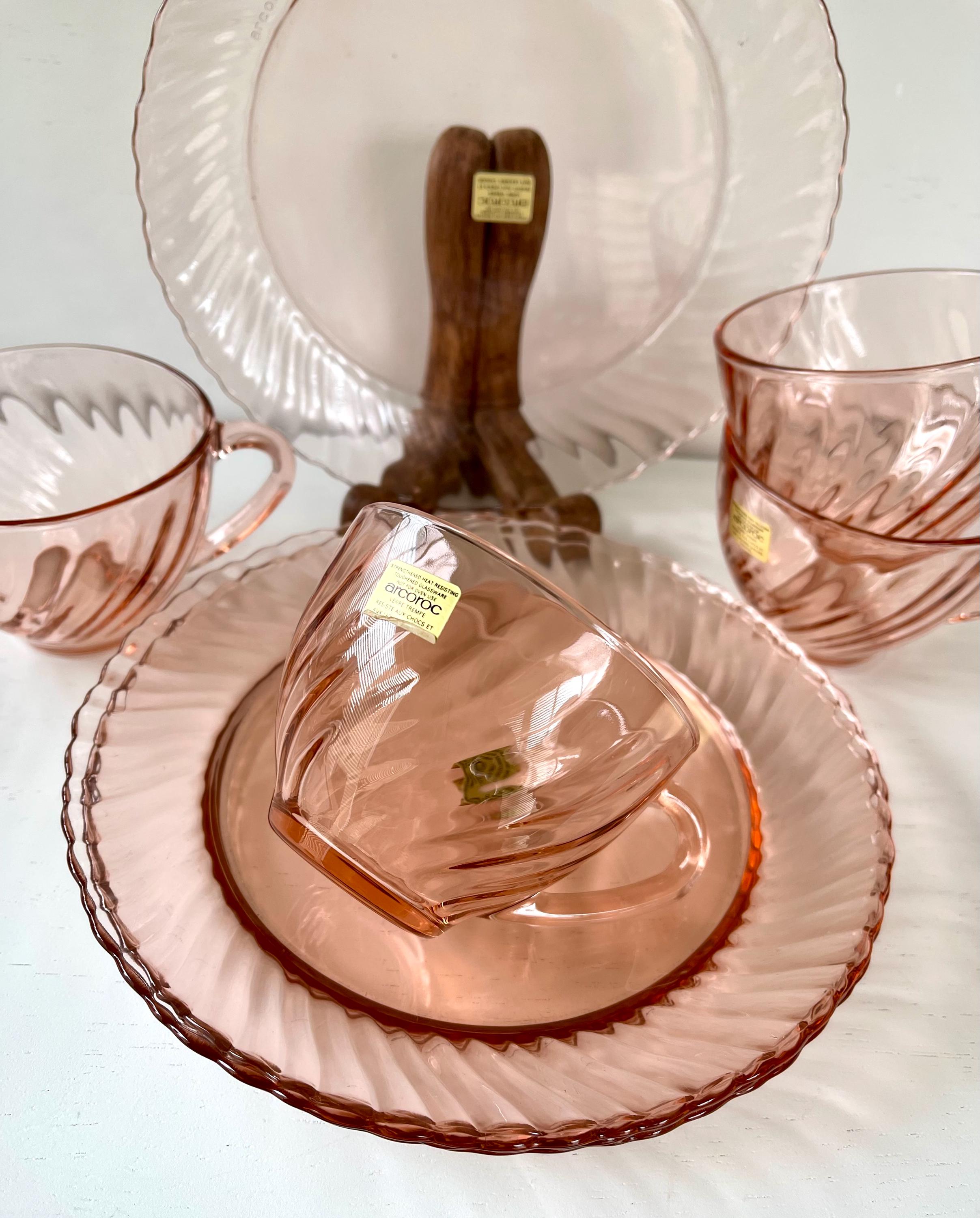 Vintage Arcoroc Rosaline Pink Swirl Tea Cup and Salad Plate Set of