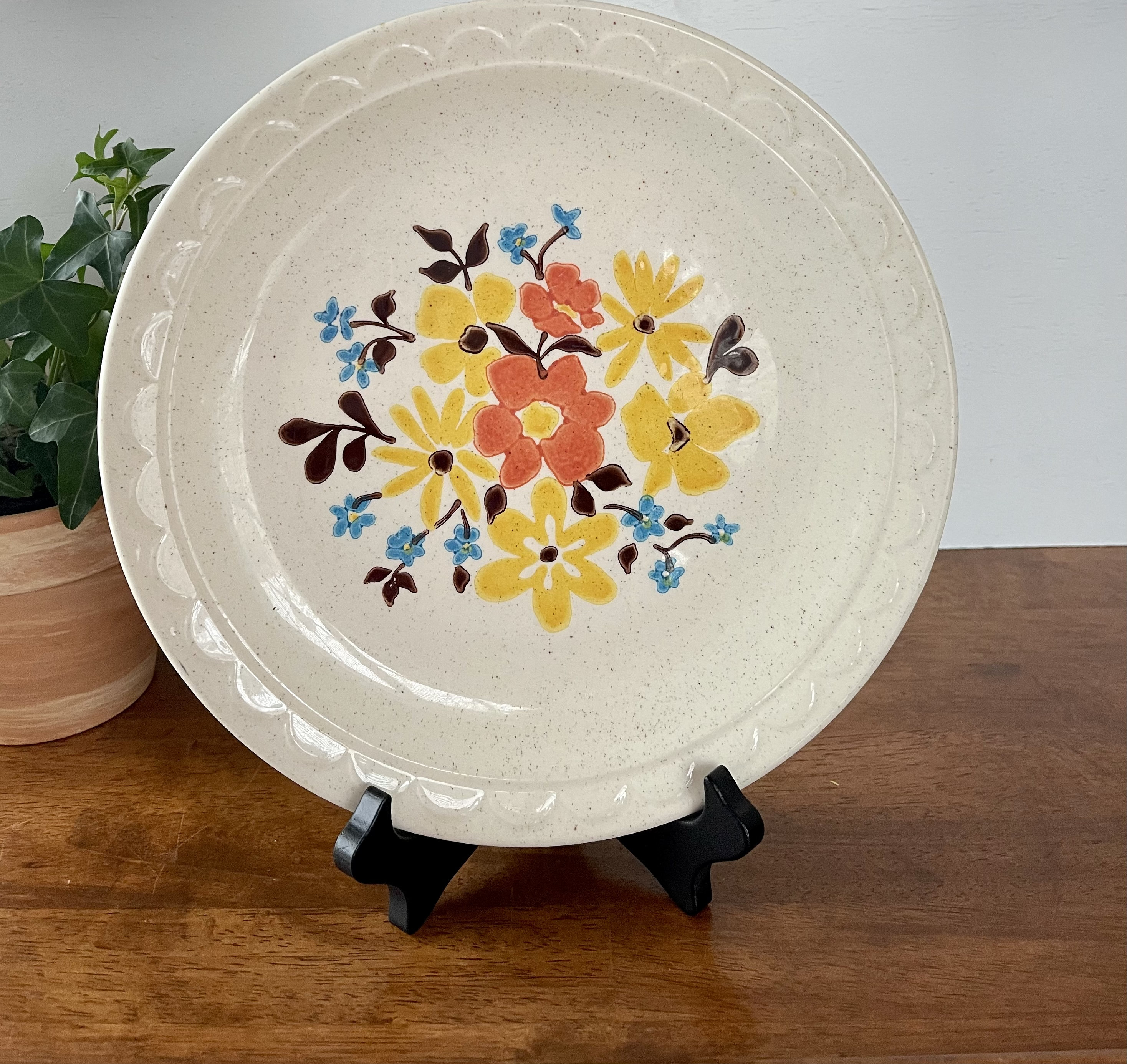 Homer Laughlin Granada Dinner Plates: 70s Floral Boho Speckled Set