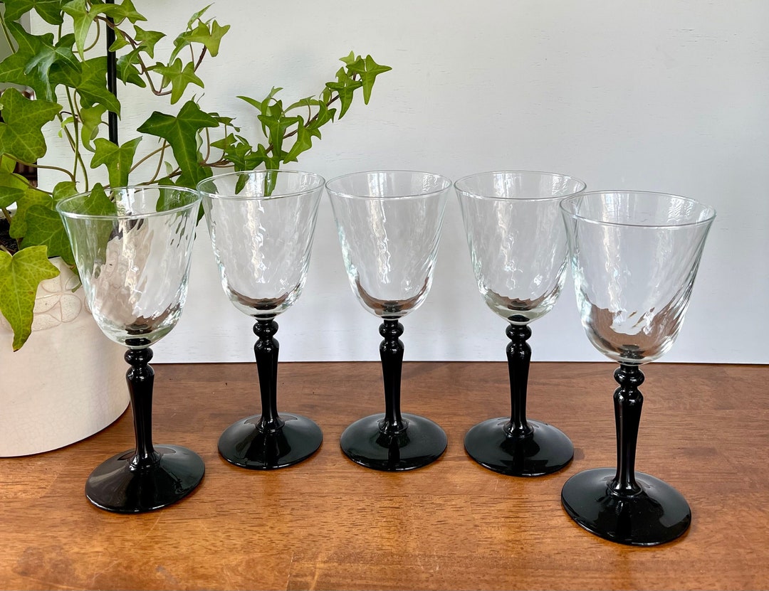 Vintage Luminarc Wine Glasses Black Stem Optical Swirl Bowl Etsy